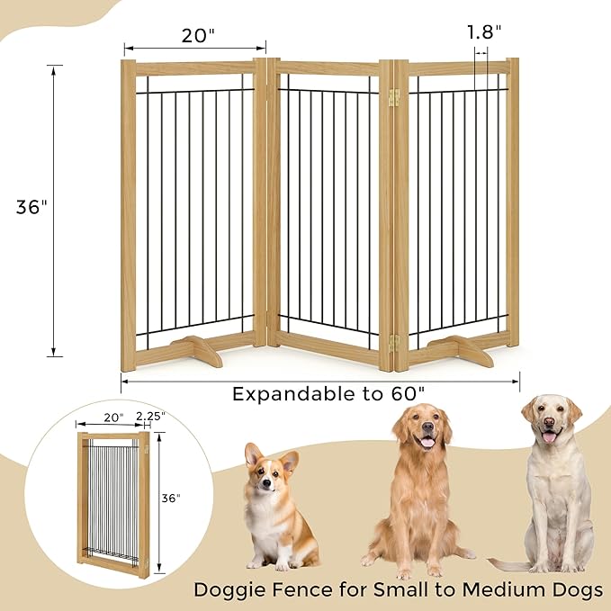 Wire Dog Gate Solid Wood Frame, Anti-Chewing, 3-Panel, 36" Height, 60" Width, Indoor Freestanding Pet Gate Foldable Wooden Dog Fences for Stairs, House, Doorway, Oak Color
