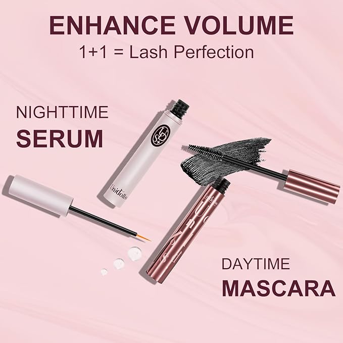 Unidollss Tubing Mascara Volume and Length Black and Lash Serum Set Lengthening Long Lasting All Day,Eyelash Growth Serum for Thicker,Longer Lash and Eyebrow,Tubing Mascara for 30+ Women,Gluten-free