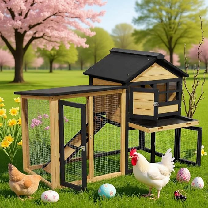 Premium Chicken Coop Bunny Cage for Outdoor Indoor, 2-Story Rabbit Hutch for Guinea Pigs, Wooden Chicken Cage with Deep Pull-Out Tray, Waterproof Poultry Hutch for Outside (Yellow Black)