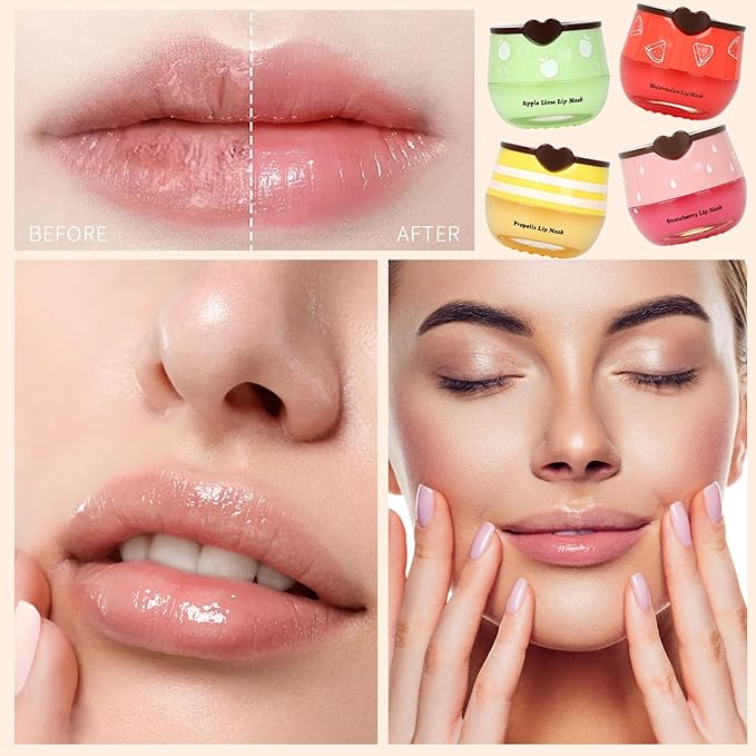 4 PCS Bee Lip Balm Lip Mask Honey Pot, Prevention Lip Dry Set, Strawberry & Watermelon & Apple Lime & Honey Lip Sleeping Mask Propolis Moisturizing Lip Balm, Mothers Day Gifts, Party Favors for Women