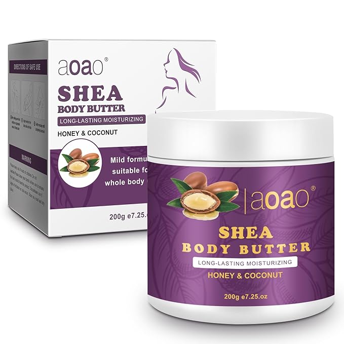 AOAO Shea Body Butter for Stretch Marks Pregnancy, Deeply Nourishing & Safe Moisturizer with Honey, Coconut & Vitamin-Rich Formula for Pregnant Women, Helps Soothe & Moisturize Stretch Marks, 7.05oz