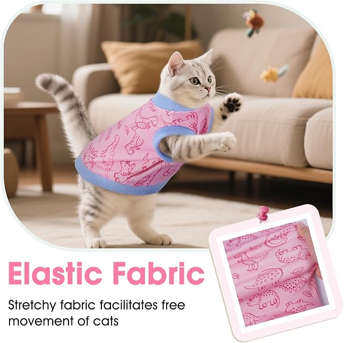 DENTRUN Sleeveless Cat Vest with Dinosaur Print, Breathable Ultra-Soft Dralon Fleece Cat Sweater, All-Season Pet Costume Apparel for Cats, Kitten Clothing for Indoor/Outdoor, Pink, L