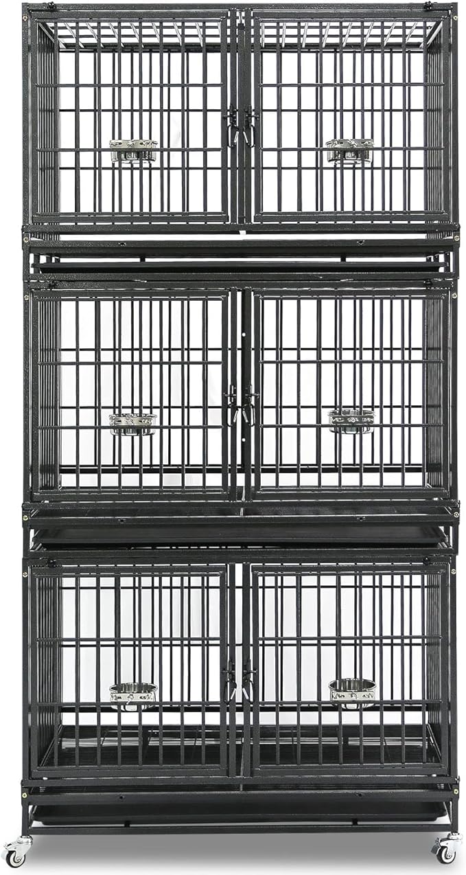 Homey Pet Three Tiers 43 inch Heavy Duty Dog Crate with Wheels, Stackable Indestructible Steel Dog Cage Kennel Indoor with Divider, Trays, Bowls, Escape Proof Locks for Breeder and More
