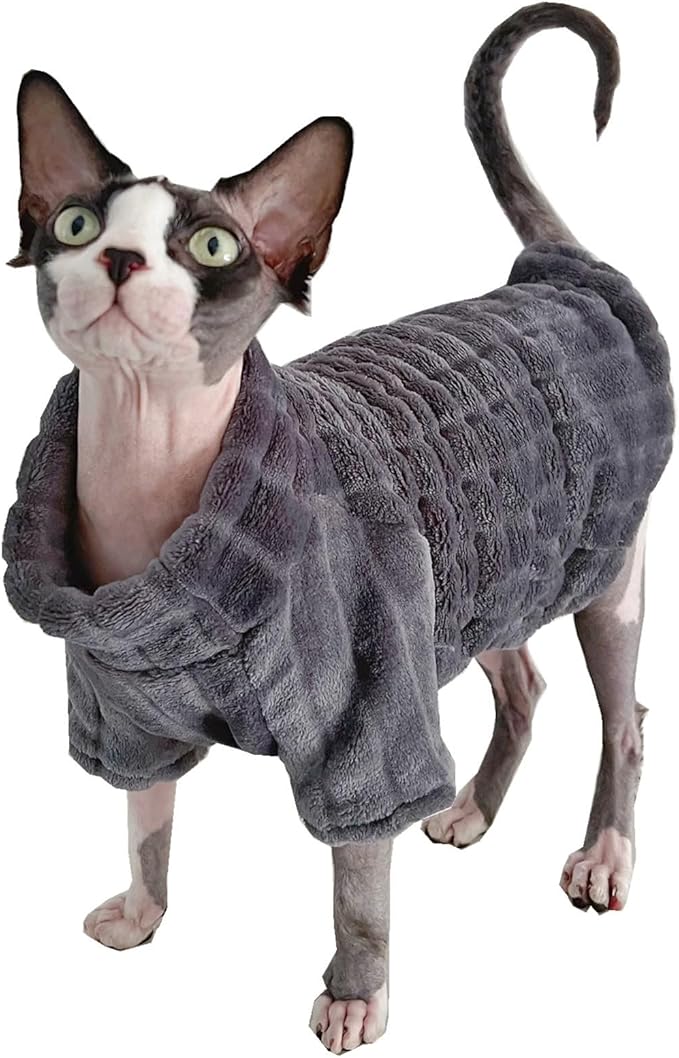 Turtleneck Sweater for Sphynx Cat Soft Coral Fleece Cat Clothes Thick Winter Warm Outfit Coat for Hairless Cats and Small Dogs Apparel with Sleeves (Grey, XXL (13.3-16 lbs))