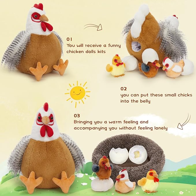 8Pcs Chicken Stuffed Animal, Stuffed White Hen with Little Baby Chicks and Coop, Plush Toys for Kids, Hit of Christmas Farm Party