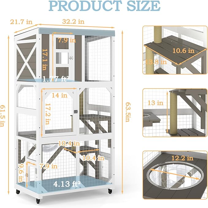 64" Large Wooden Catio Outdoor Cat Enclosure, Window Cat House with Wheels & 3 Platforms, Kitty Cage with Weatherproof Roof for Multiple Cats (Gray)