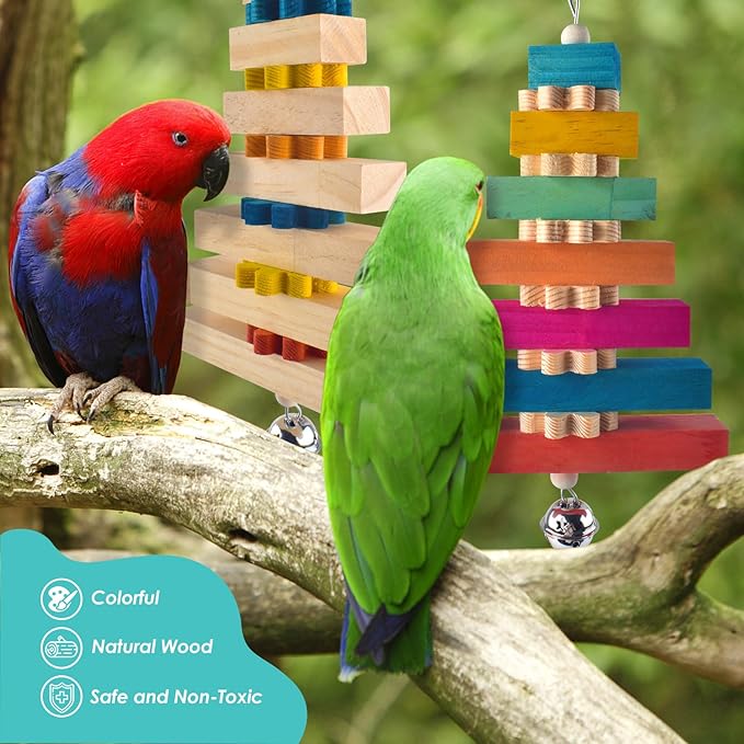 2 Pcs Bird Toys for Parrots, Colorful Natural Large Parrot Toy Hanging Chew Wood Block with Bell for Medium to Large Cockatiels, Conures, African Greys, Amazon