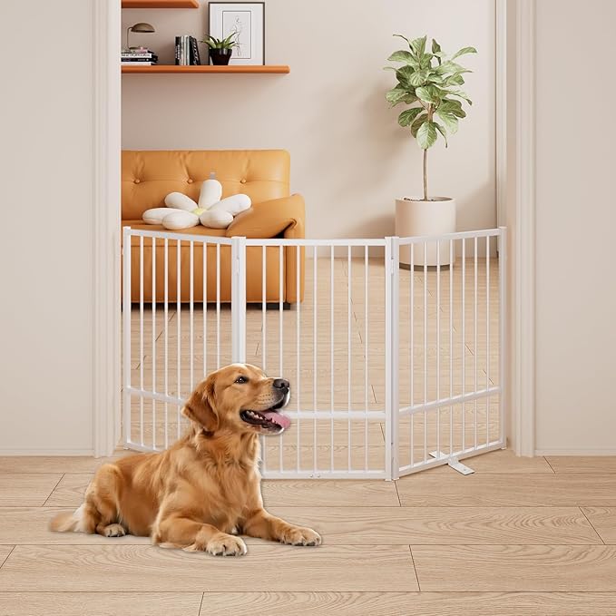 3 Panels Full Metal Freestanding Dog Gates, 60” W x 32” H Folding Pet Gate Fence with Support Feet for Indoor,Stairs, Hallways and Doorways(White)