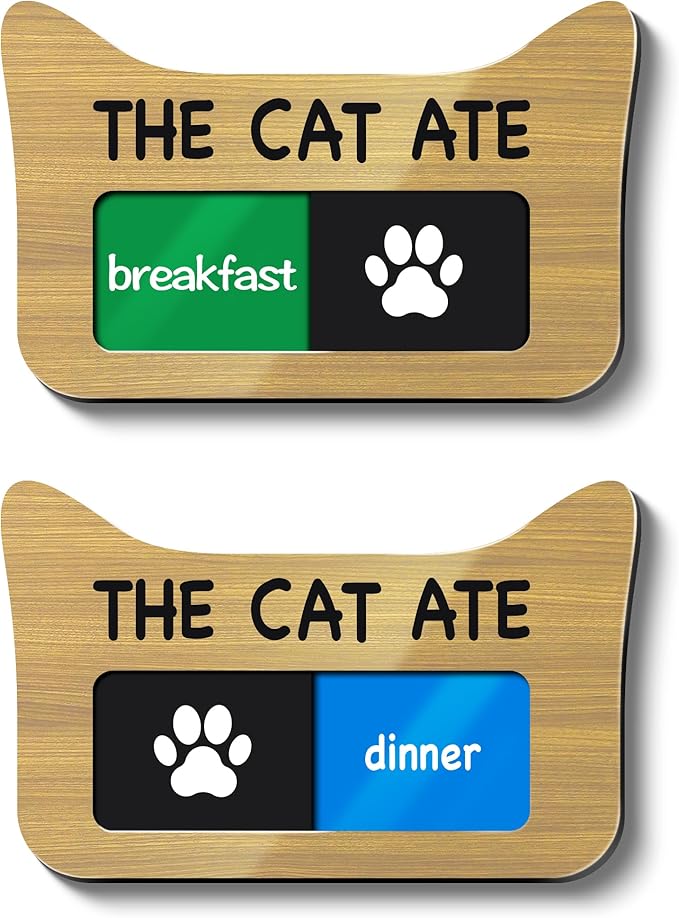 Cat Feeding Reminder Supplies with Magnet, Pet Meal Tracker with The Cat Ate, Acrylic Unique Ear Shape 2 Area Feed Sign with Breakfast and Dinner, Beech with 2 Stickers, 4.7" x 3", 1 Pack