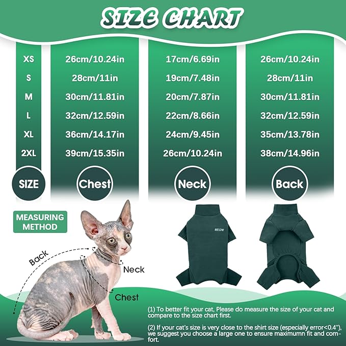 ROZKITCH Hairless Cat Clothes, Breathable Soft Jumpers for Cats Only, Coat with Four Legs, Warm Sweater T-Shirt Pajamas Jumpsuit Vest Cornish Rex Devon Rex Peterbald DarkGreen XL
