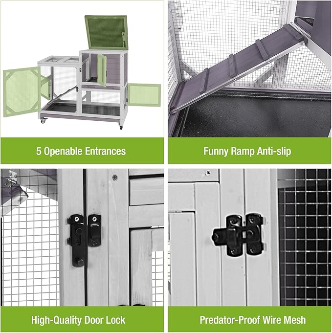 2-Story Rabbit Hutch Indoor Bunny Cage Outdoor Guinea Pig House with Chew-Proof Ramp, Leak-Proof Tray, Lockable Wheels for Rabbits, Guinea Pigs, Small Animals (Grey)