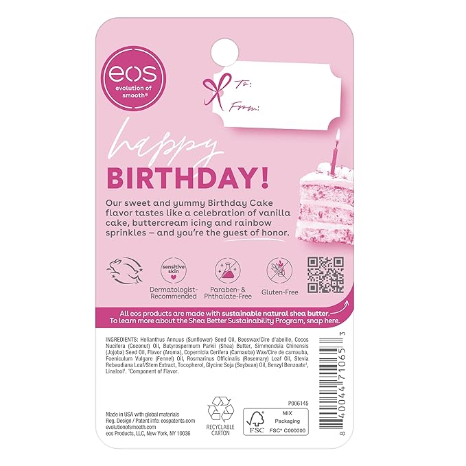 eos Natural Shea Lip Balm- Birthday Cake, eos lip balm, All-Day Moisture, Lip Care, Shea Butter, Moisturizing, Dry Lip Care, 0.14 oz, (Pack of 2)