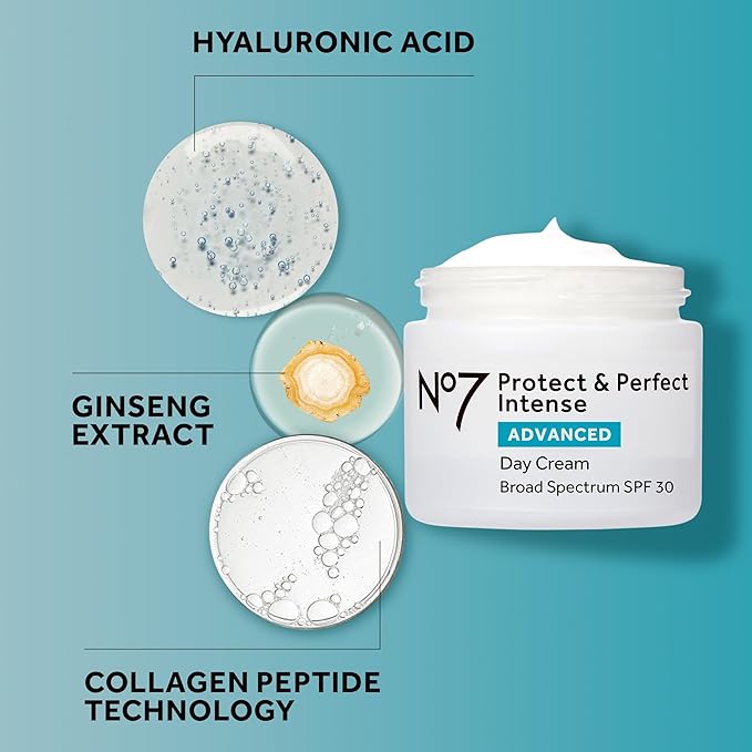 No7 Protect & Perfect Intense Advanced Fragrance-Free Day Cream SPF 30 - Anti-Aging Facial Moisturizer with Anti-Wrinkle Technology - Hydrating Hyaluronic Acid Cream for Radiant Youthful Skin (50ml)
