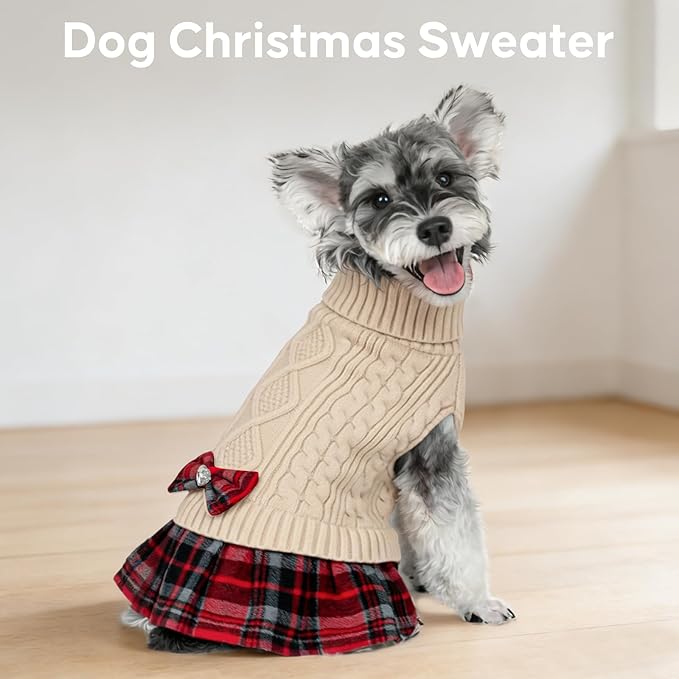 KYEESE Dog Sweater Knitwear Dog Sweaters for Small Dogs Girl Thick Dogs Clothes with Bowtie Stretchy Cat Sweaters Warm Pullover Pet Coats Soft Turtleneck Pet Sweater Dress for Cold Weather Winter