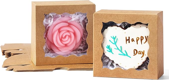 JCXGRVC 50 Count 3"x3"x1.5" Small Brown Paper Gift Boxes with Clear Window for Soap, Cookies & Chocolates Truffles & Showcase Your Homemade Treats