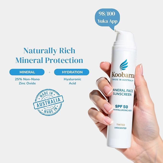Mineral Face Sunscreen SPF 50, Tinted Aussie Zinc Oxide Sunblock with Hydrating Hyaluronic Acid, Reef Safe, Natural, Vegan, Australian Made, Great for Sensative Skin, Unscented, 100g 3.4oz