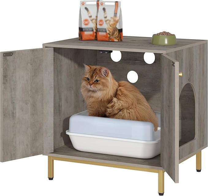 Cat Litter Box Enclosure, Hidden Litter Box Furniture Cabinet, Wooden Indoor Cat House, Side End Table, Living Room, Bedroom, Greige and Gold CB81205G