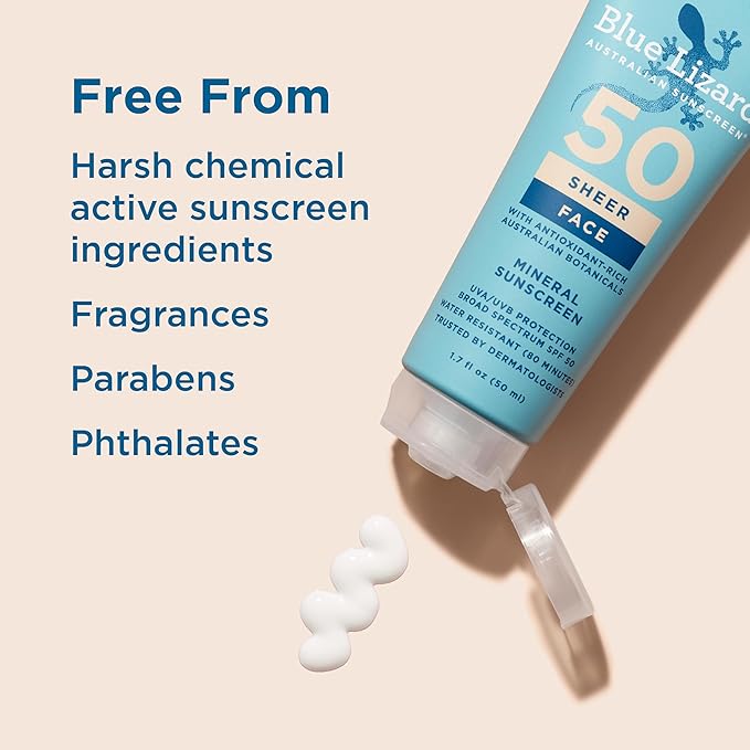 Blue Lizard Sheer Face Mineral SPF 50 Sunscreen Lotion, 100% Mineral Formula, Blue Light Protection, Lightweight, No White Cast, Nourishes and Hydrates, Paraben-Free, Fragrance-Free, 1.7 fl oz