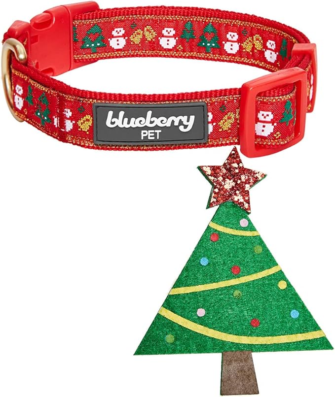 Blueberry Pet Festive Christmas Tree & Snowman Dog Collar, Small Adjustable 12"-16", Eco-Friendly Glitter Décor Holiday Collar for Small Dogs