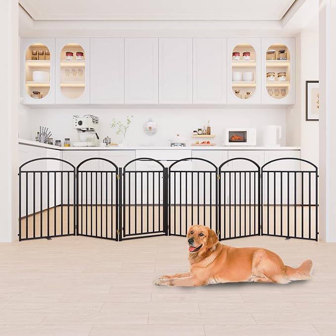 6 Panels Full Matel Freestanding Dog Gates with Door, 144"Extra Wide 32"Tall Free Standing Dog Pet Gate for Indoor & Outdoor. Foldable Pet Fences for Doorways, House, Stairs, Porch, Deck, Yard