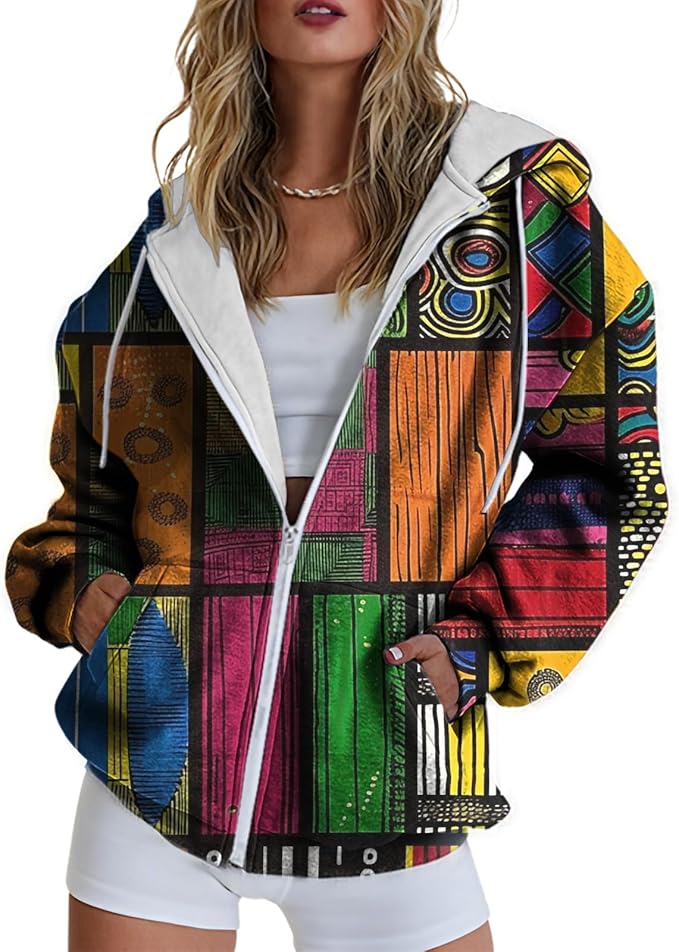 Hoodies for Women Zip Up Long Sleeve Hoodied Sweatshirt with Pockets Retro Graphic Women's Sweatshirt Trendy