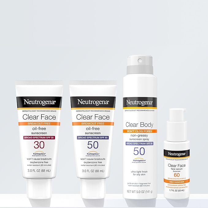 Neutrogena Clear Face Sunscreen Lotion for Acne-Prone Skin, Broad Spectrum SPF 30 Facial Sunscreen for Oily Skin, Fragrance- & Oxybenzone-Free Water Resistant, 3 fl. oz