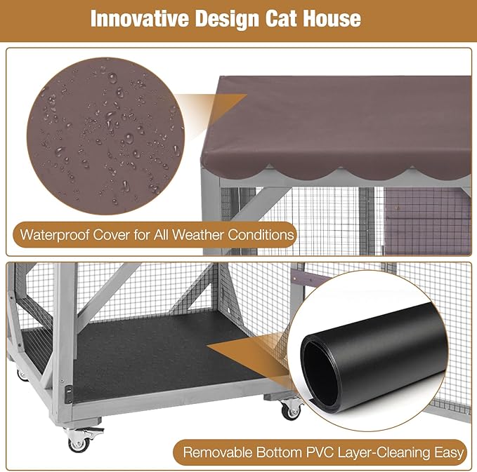 Catio Outdoor Cat Enclosure, 4 Tiers Outdoor Cat House with Wheels, Kitty Cages Indoor Large Window Catio -Waterproof Roof