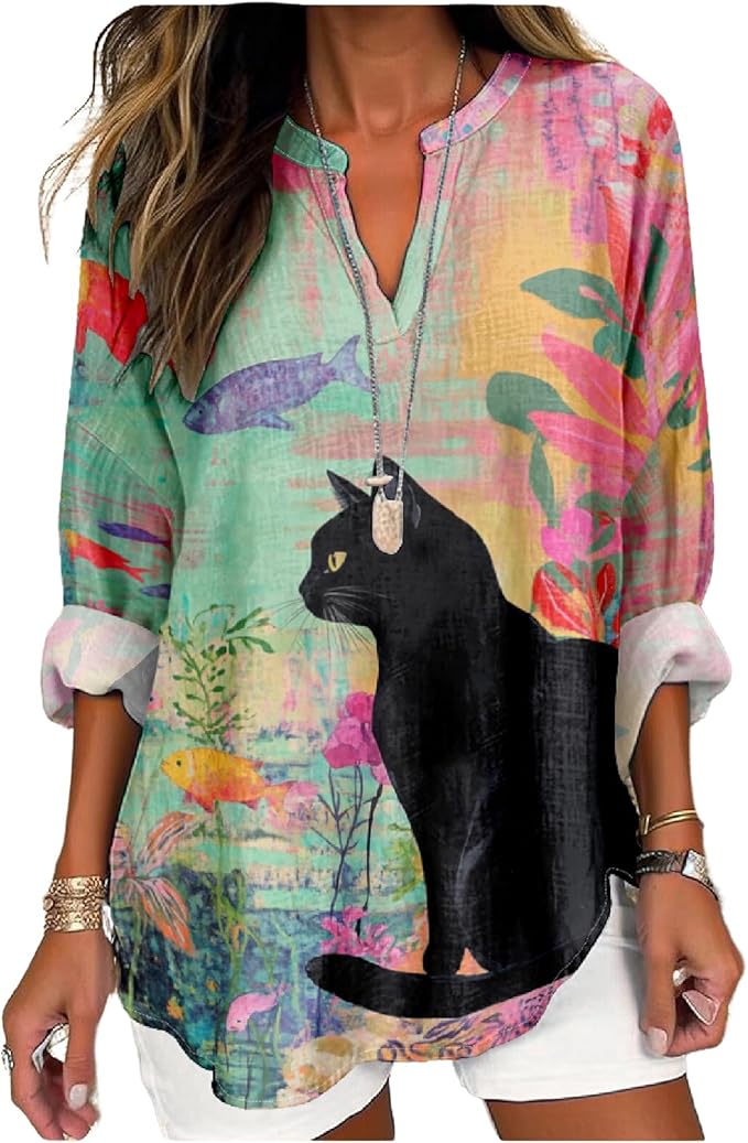 MARSVOVO Cat Shirts for Women Long Sleeve Cute Cat Pullover Graphic Novelty V Neck Blouse Oversized Funny Tunic Tops