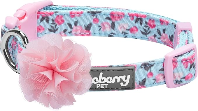 Blueberry Pet Made Well Cute Floral Print Adjustable Dog Collar in Light Blue with Pink Artificial Silk Flower, Small, Neck 12"-16"