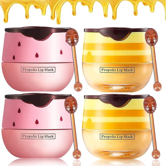 Bee Lip Balm Honey Pot, 4 Pack Honey & Strawberry Lip Mask Propolis Lip Mask Moisturizing Hydrating Prevention Dry and Cracked Lip Scrubs Exfoliator (2 Honey+2 Strawberry) (D#)