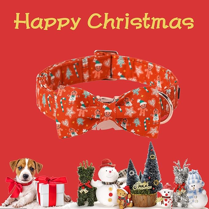 Unique Style Paws Christmas Day Dog Collar with Bow Red Gingerbred Cotton Puppy Collars for Small Medium Large Dogs