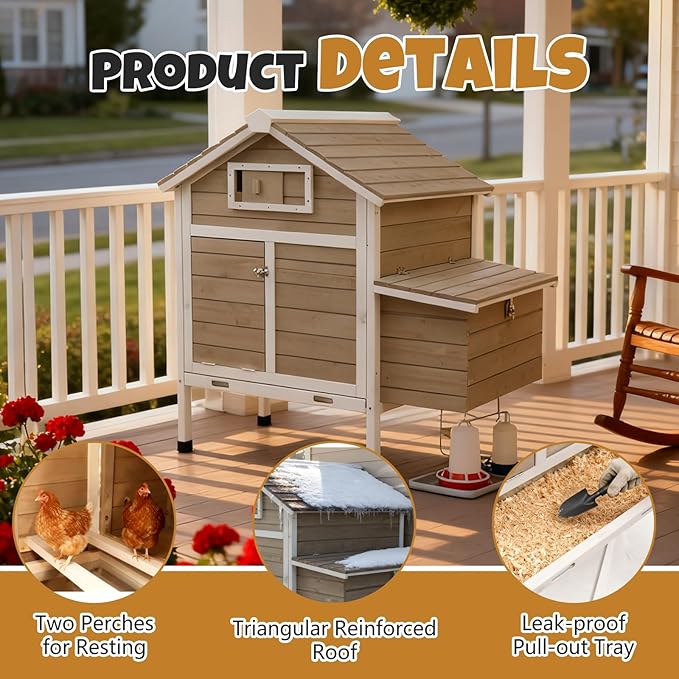 Chicken Coop Outdoor, Wooden Chicken House with 2 Nesting Boxs, Poultry Cage with Leak-Proof Pull-Out Tray, Lockable Ramp Door, Roosting Bars, Easy Assembly（32" L x 23.6" W x 36.6" H