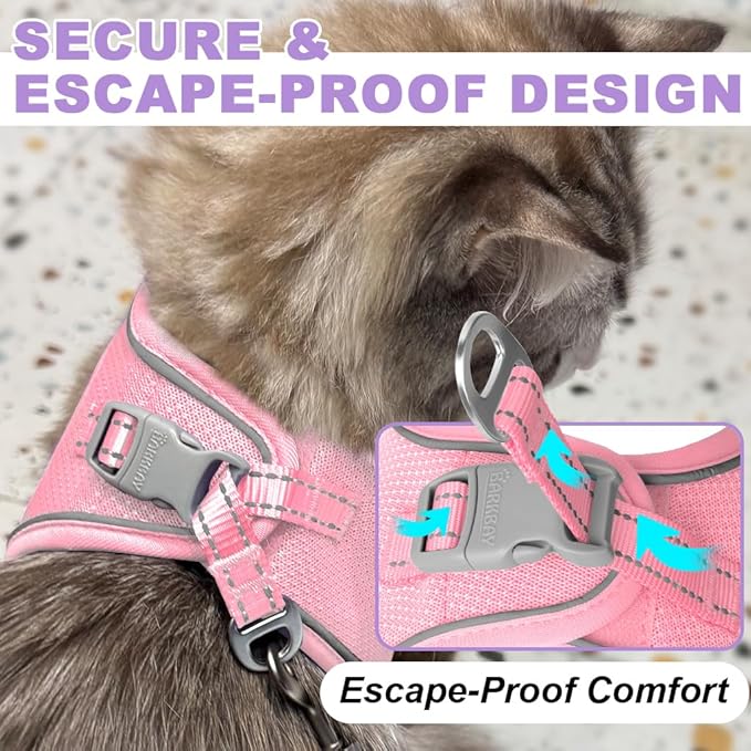 Cat Harness and Leash Set,Escape Proof Kitten Harness,Step in Adjustable Soft Lightweight,Easy Control,Reflective Strips Comfortable for Walking Travel(Baby Pink,S)