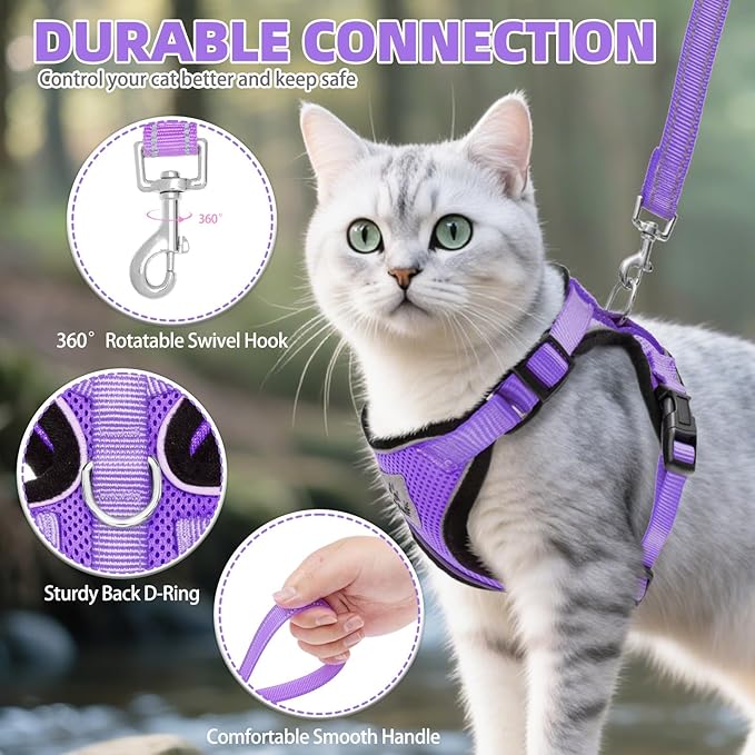 PUPTECK Cat Harness and Leash Set Escape Proof Reflective Cat Walking Harness Adjustable Soft Breathable Mesh Vest for Small Pets, Purple, L