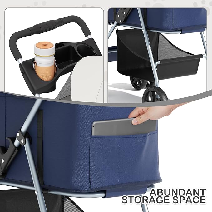 MoNiBloom 3 in 1 Foldable Pet Stroller for Small & Medium Dogs, Detachable Carrier, Car Seat, Push Button Entry, 4-Wheel Jogger for Pets up to 33 lbs, Navy Blue