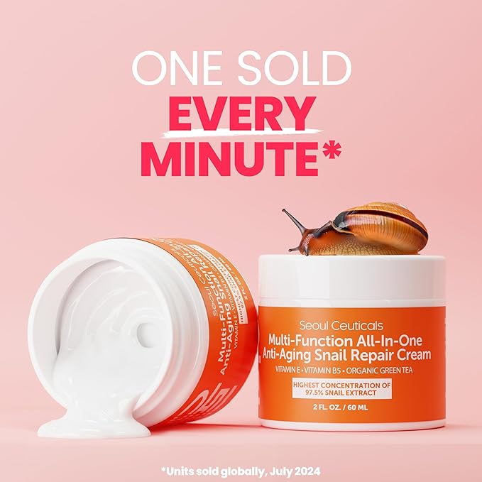 SeoulCeuticals Snail Mucin Moisturizer 97.5% - Korean Skin Care Snail Repair Cream - Day & Night Anti Aging K Beauty Skincare Cruelty Free 2oz (Pack of 2)