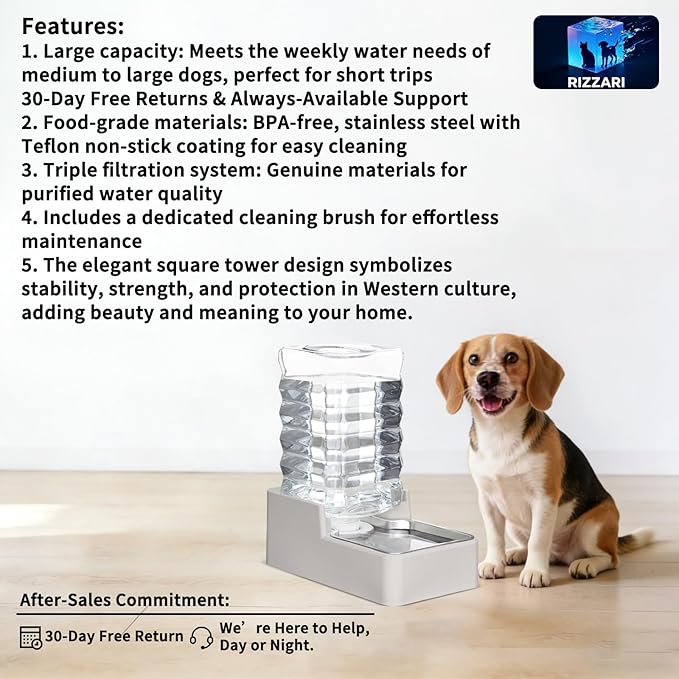 RIZZARI Stainless Steel Pet Water Feeder: 8.5L Beige Automatic Leak-Proof Gravity Dispenser for 30-60 LB Dogs with Spine Problems - Without Filter - for Living Room Kitchen