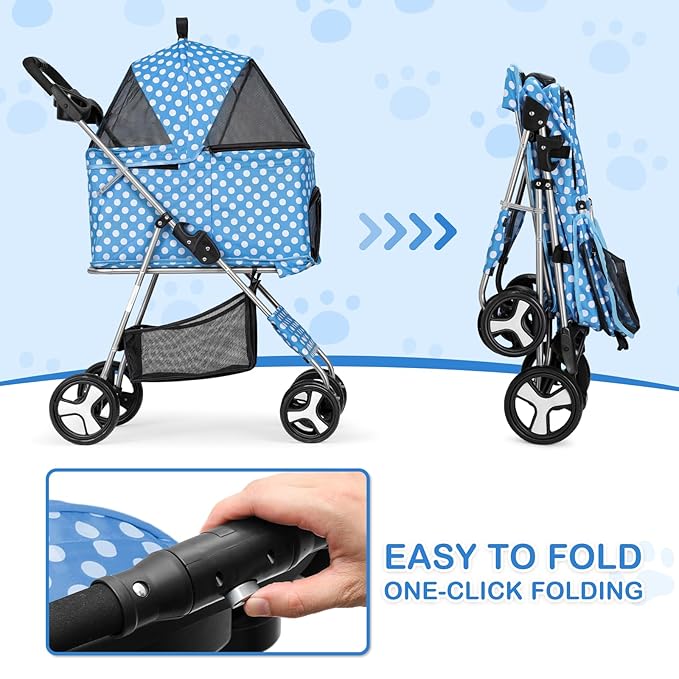 MoNiBloom 3 in 1 Foldable Pet Stroller for Small & Medium Dogs, Detachable Carrier, Car Seat, Push Button Entry, 4-Wheel Jogger for Pets up to 33 lbs, Sky Blue Polka Dots