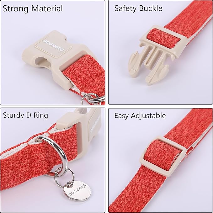 DOGWONG Cotton Hemp Dog Collar - Heavy-Duty Adjustable Soft Natural Fabric Pet Collar, Cute Fall Puppy Necklace for Small Medium Large Dogs (Orange)