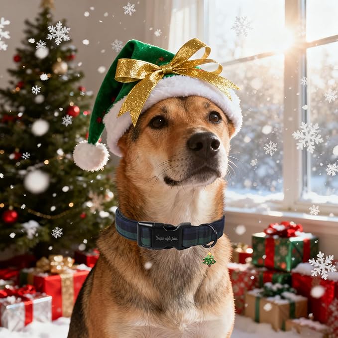Unique Style Paws Christmas Dog Collar Plastic Buckle with Pendant Green Plaid Cotton Puppy Collars for Small Medium Large Dogs