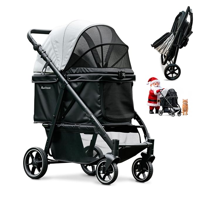 Medium Dog Stroller, Foldable Pet Stroller with Adjustable Handle & No Zip Entry, Storage Basket & Cup Holder, Canopy, Mesh Windows, Ideal for Medium Dogs and Cats Up to 50lbs, Black