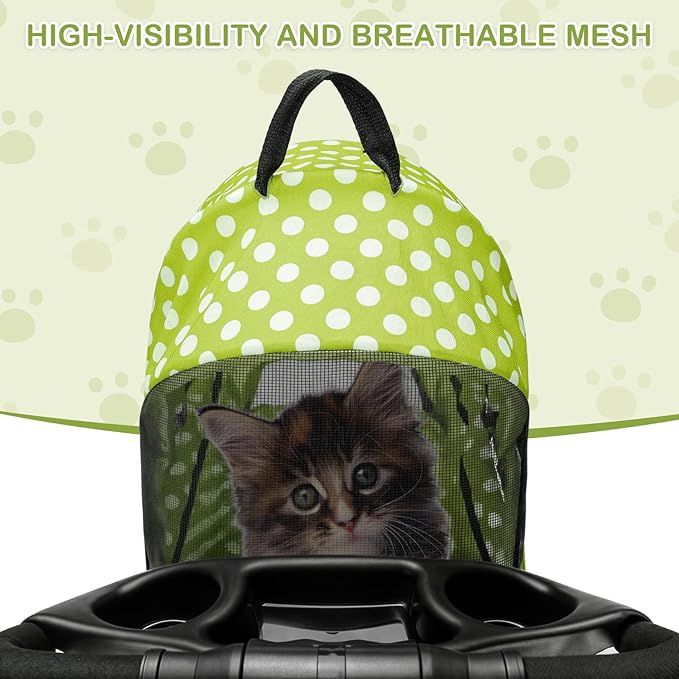 MoNiBloom 3 in 1 Foldable Pet Stroller for Small & Medium Dogs, Detachable Carrier, Car Seat, Push Button Entry, 4-Wheel Jogger for Pets up to 33 lbs, Lawn Green Polka Dots