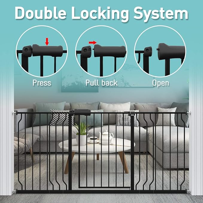 WAOWAO Baby Gate 62.19-66.92" Extra Wide Pressure Mounted Walk Through Swing Auto Close Safety Black Metal Toddler Kids Child Dog Pet Puppy for Stairs,Doorways,Kitchen