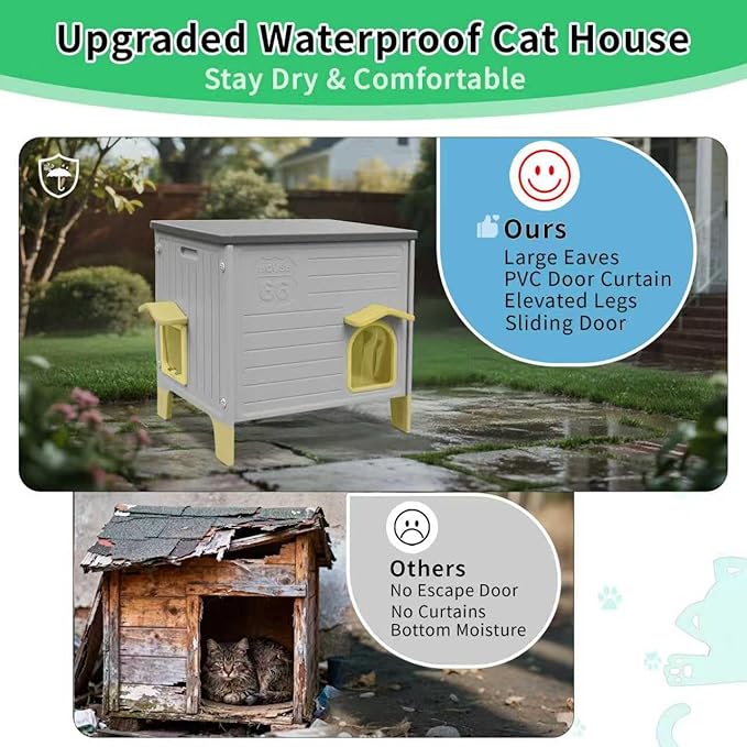 Rockever Insulated Outdoor Cat House, Waterproof Cat House for Outdoor Cats with Escape Door, Plastic Feral Cat House Outdoor Indoor, Spacious and Clean Easily (Grey,M)