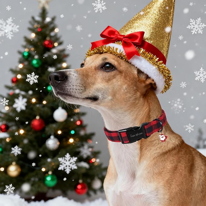 Unique Style Paws Christmas Dog Collar Plastic Buckle with Pendant Red Black Grid Cotton Puppy Collars for Small Medium Large Dogs
