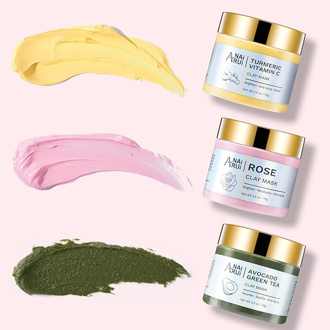 ANAI RUI 3 Pack Clay Mask Set Turmeric Vitamin C Clay Mask -Rose Facial Mask -Avocado Green Tea Mud Mask Smoothing, Hydration & Glow,Spa Gift Set, Self Care for Women Teens 2.5 oz Each
