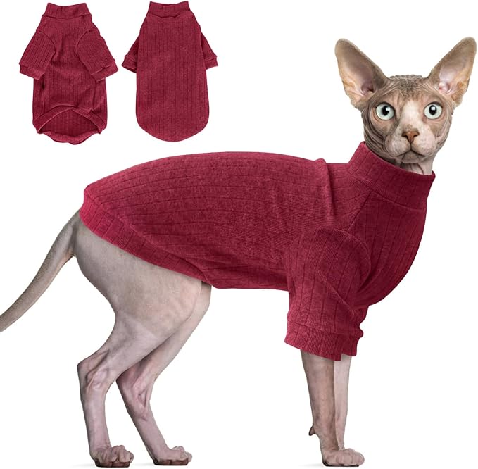 Idepet Sphynx Hairless Cats Sweater Shirt Kitten Soft Puppy Clothes Pullover Cute Cat Pajamas Jumpsuit Cotton Apparel Pet Winter Turtleneck for Cats and Teacup Chihuahua Small Dogs(Red,S)