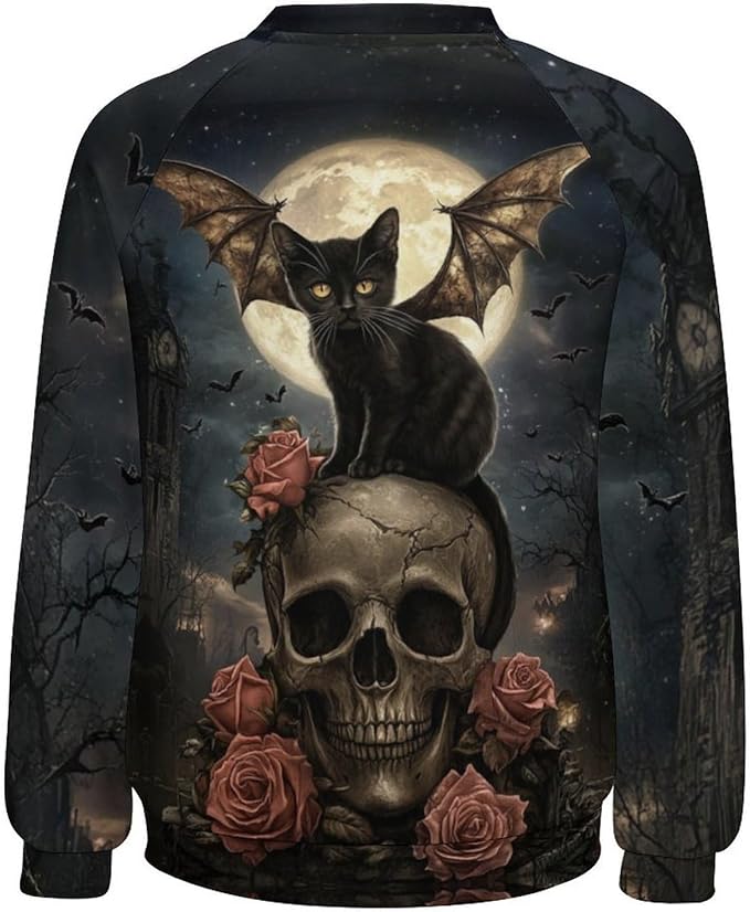 Halloween Sweatshirts for Women Black Cat Print Pullover Crewneck Oversized 2024 Fall Fashion Casual Warm Shirt