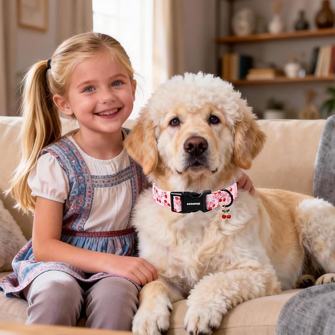 DOGWONG Pink Dog Collar- Cute Cherry Flower Dog Collars Adjustable Girl Female Dog Collar for Large Dogs, XL