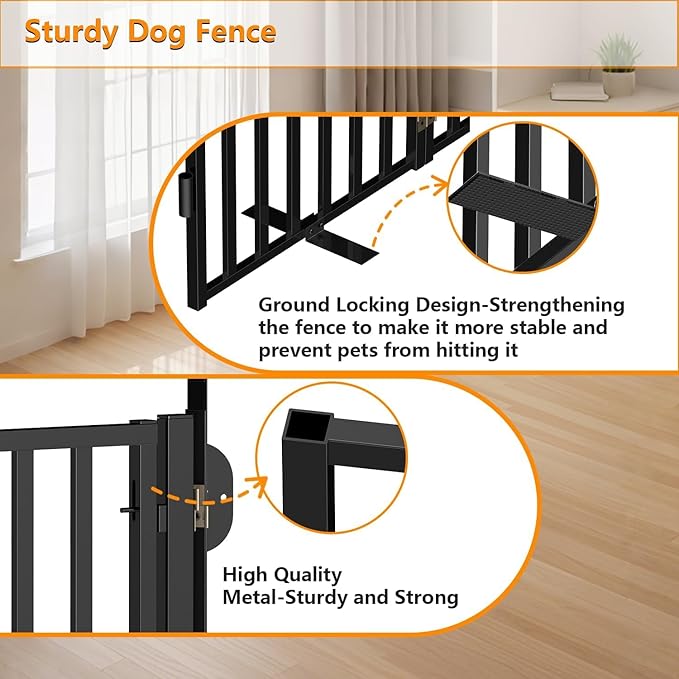Dog Gate Free Standing with Door for Stairs, 36" Tall Dog Fence Freestanding Indoor Outdoor Use for Doorways, Metal Black 4 Panels